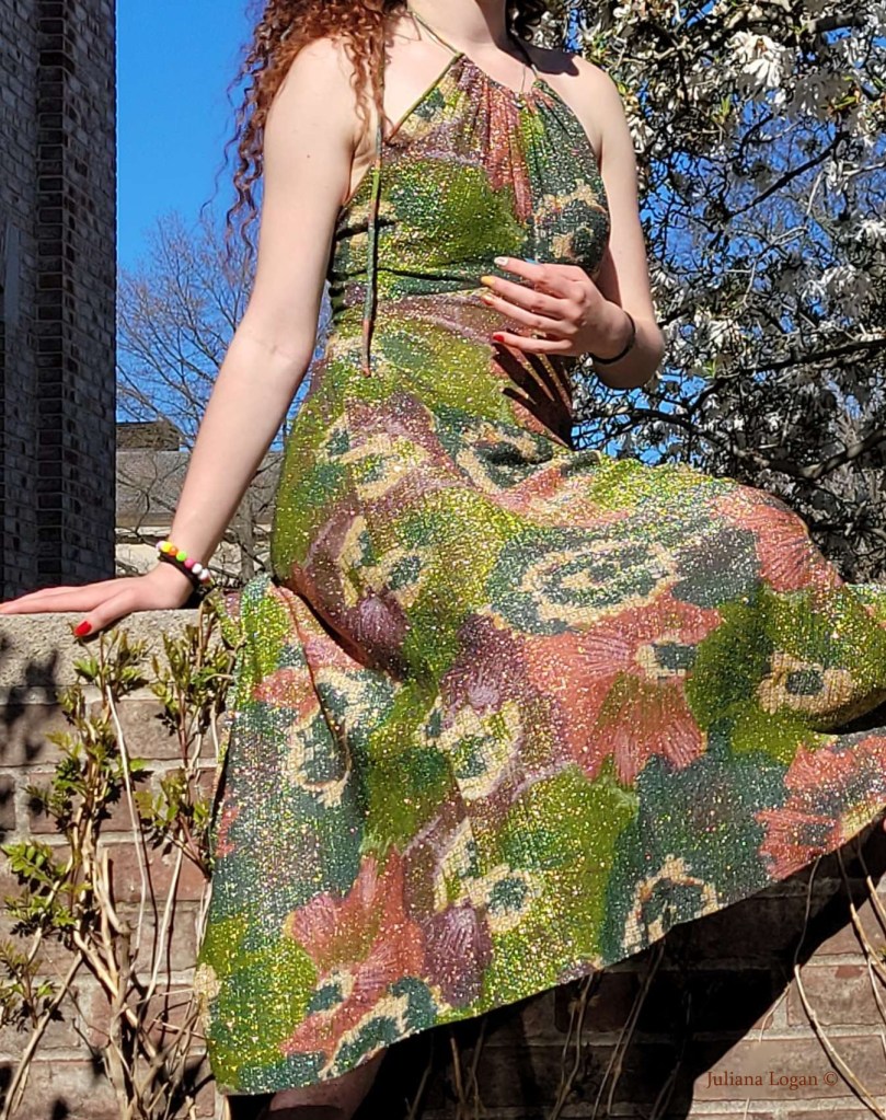 img: green abstract floral patterned sparkly vintage 70s full length halter gown