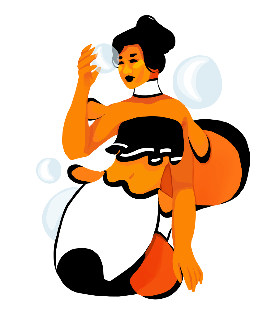 Clownfish mermaid interacting with some bubbles