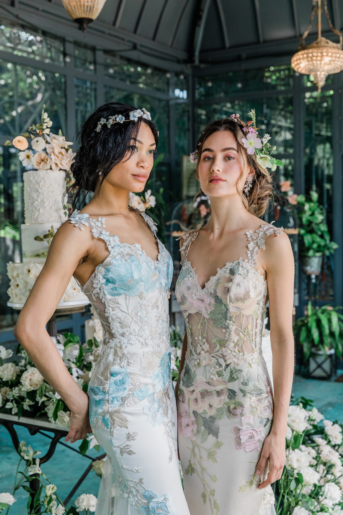 white dresses with florals in blue and green