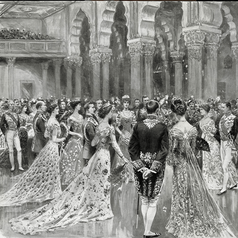 A black and white sketch of the coronation ball, with many different guests in a large hall.