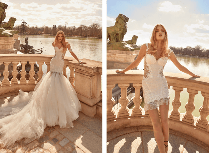 Two photos of the same dress, one with a long skirt and one without