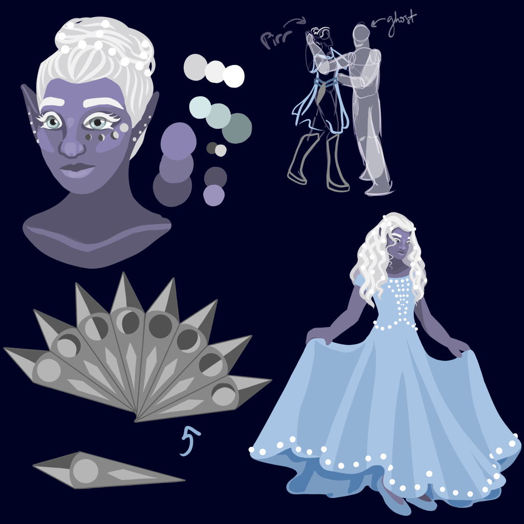 A character sheet for my D&D Character Pirr, a drow bard. Includes a portrait, a full body, a sketch of her dancing with a ghost, and her bladed fan